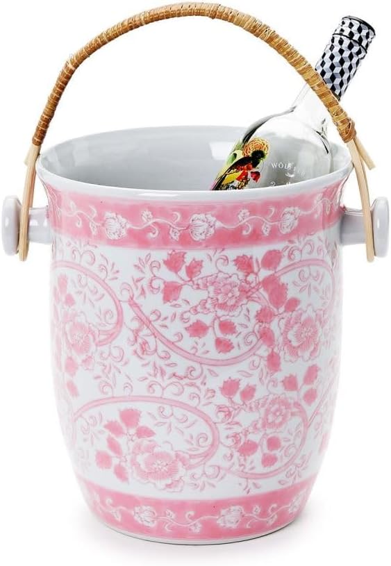 Two's Company Pink Chinoiserie Ice Bucket with Woven Cane Handle - Elegant Hand-Painted Porcelain Cooler Bucket for Stylish Parties, Garden Events, and Chic Home Bar Accessories