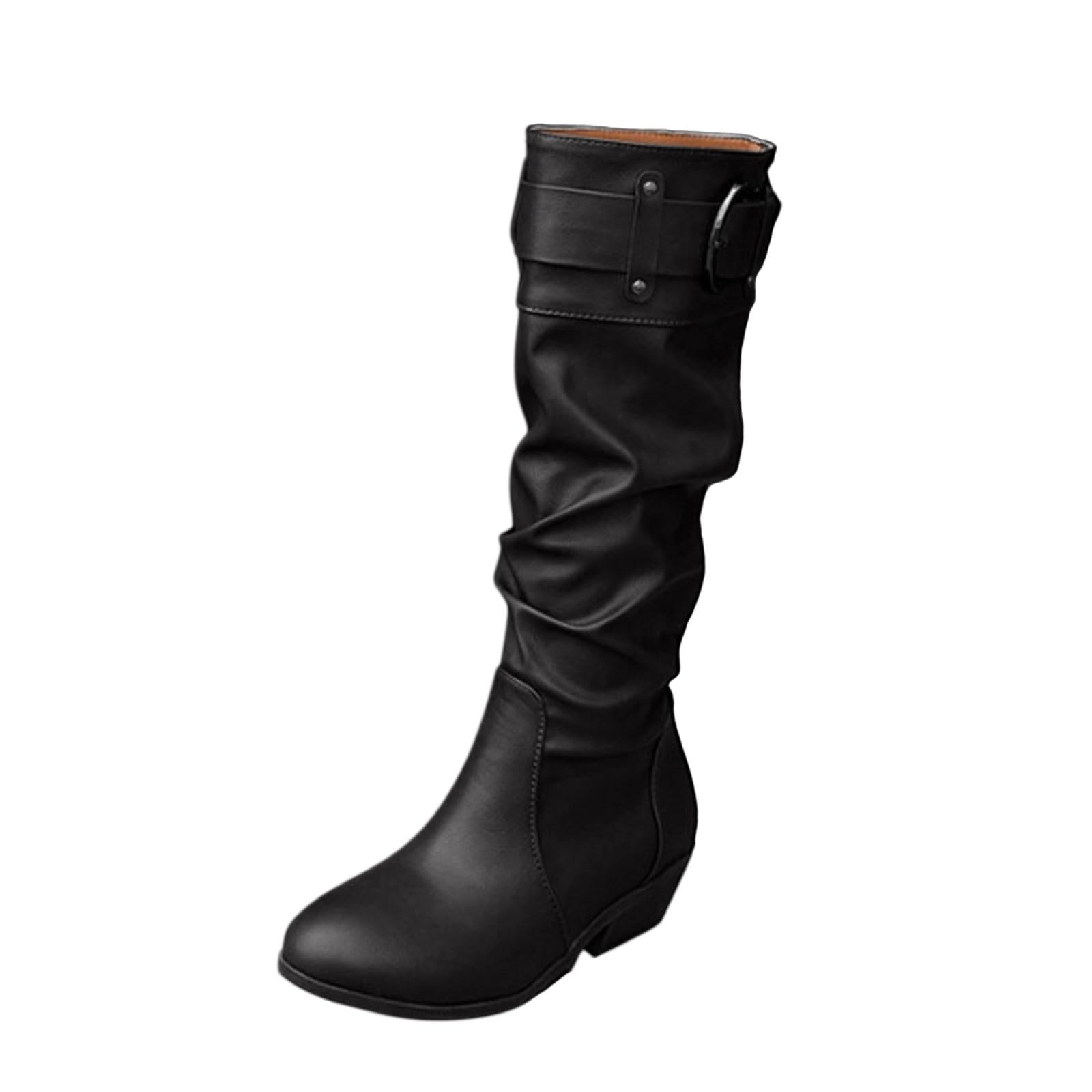 Mid Calf Boots for Women Low Heel Under Knee Suede Faux High Booties Chunky Heel Pull on Fall