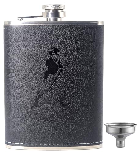 Image of JWL Black Stainless Steel Hip Flask with Funnel 8 Oz (236 ml) I Stitched PU Leather Cladding Whiskey Liquor Flask I Unisex Alcoholic Drinks Holder Pocket Bottle (JW Leather Black+Funnel)