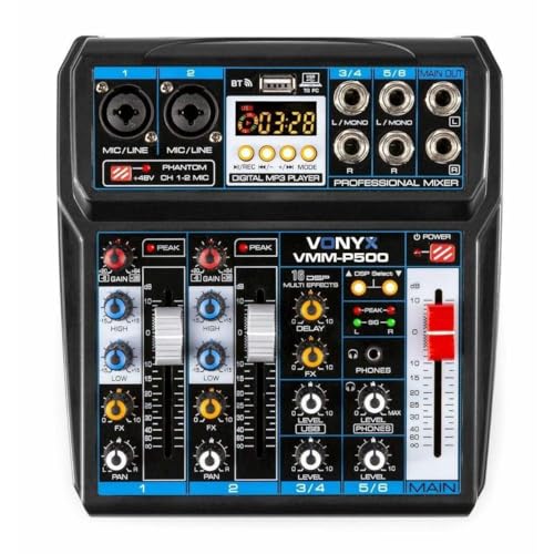 Vonyx VMM-P500 Table de Mixage 4 Canaux, Technologie Bluetooth, MP3/USB, 16 Effets Digitaux, Entrées Microphones, Sonorisation Professionnelle, DJ, Discothèque