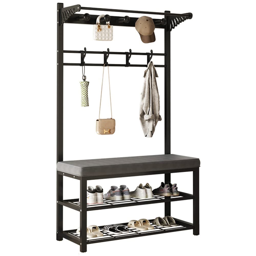 MYUYEE Coat Rack With Shoe Storage Bench, Heavy Duty Clothes Rail With 9 Hooks For Hallway Entryway Living Room, Metal Frame, Maximum Load 100Kg, Black 100X33X170Cm(80X33X170Cm)