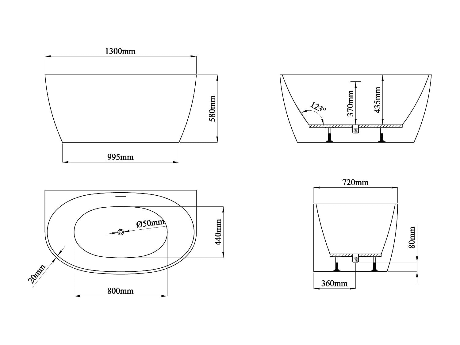 Vente-unique -Bañera semi independiente - 167 l - Acrílico - 130 x 72 x 58 cm - Blanco - AMOSARI