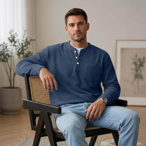 Corduroy Shirt Men Henley Shirts for Men Long Sleeve Button Down Fall Clothes Ribbed Corduroy Sweatshirt Navy Large - image 5
