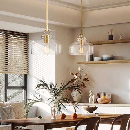 Image of WUZUPS Chandelier Rustic Farmhouse Industrial Round Ceiling Pendant LED Light Fixture with Clear Glass Shades for Dining Room Kitchen Island Foyer Entryway, H 9.4 inch x W 10.6 inch, E26 Base, Gold