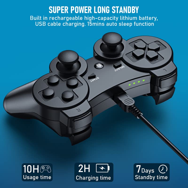 Diswoe Mando Inalámbrico para P3, Wireless Bluetooth Six-Axis Pstation 3 Gamepad Joystick Controlador con Doble Vibración und Cable de Carga USB para PC Windows XP/7/8/10