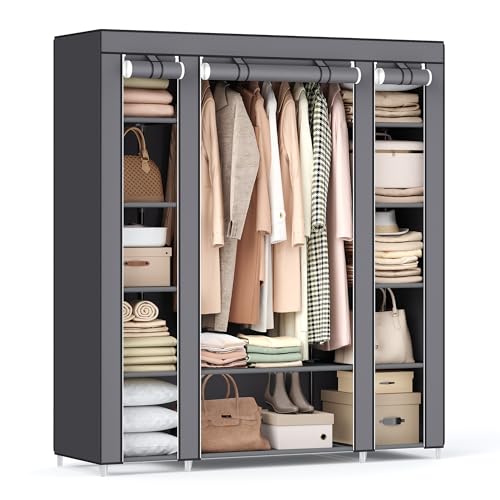 SONGMICS Closet Wardrobe, Portable Closet for Bedroom, Clothes Rail with Non-Woven Fabric Cover, Clothes Storage Organizer, 17.7 x 59.1 x 68.9 Inches, 12 Compartments, Gray ULSF03G by SONGMICS - Used condition - CA$49.49