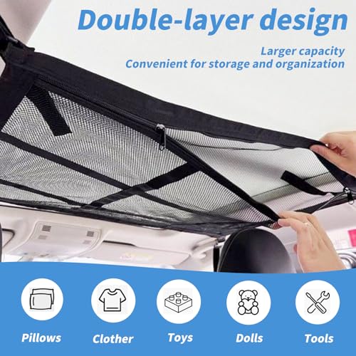 Gepäcknetz Auto Dachhimmel, 80x52cm Universal Doppelschicht Autodach Gepäcknetz Decke mit Reißverschluss, Auto Netz für Vier Dach Armlehnen auf Autos, Jeeps, Van, SUV, Aufbewahrung für Decken