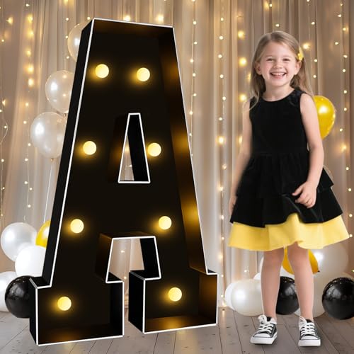 Image of Pooqla 3FT Marquee Light Up Letters, Black Large Letter A Party Decorations | LED Marquee Letters 3 Feet Tall, Black Giant Mosaic Letters Gift for Boys Men Birthday Anniversary Wedding Baby Shower Decor