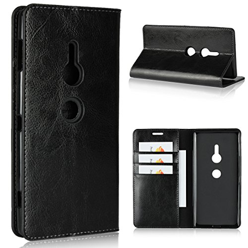 iCoverCase Compatible with Sony Xperia XZ2 Case, Genuine Leather Wallet Case [Slim Fit] Folio Book Design with Stand and Card Slots Flip Case Cover for Sony Xperia XZ2(Black)