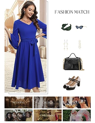 Image of DRESSTELLS Women's Cocktail Dress Summer Wedding Guest Party Vintage 3 /4 Bell Sleeve V Neck A-Line Dress