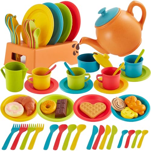 Buyger Play Kitchen Accessories Play Dishes Plates and Utensils Tea Party Set Food Dessert Toys Gifts for Ages 3 4 5+ Years Old Kids Toddler Children
