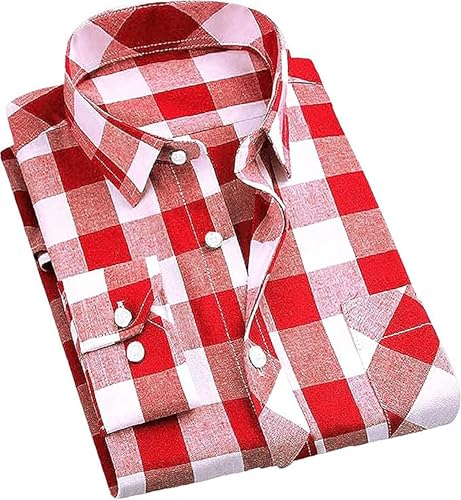 Cromoncent Men's Casual Plaid Flannel Long Sleeve Button Down Shirt,Red White,Small