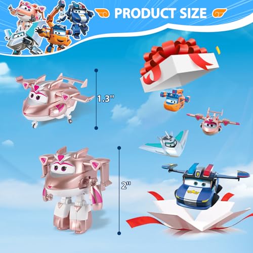Super Wings 2" Transform-a-Bots 4-Pack, Supercharged Marty, Traver, Golden Girl, Lucie, Airplane Toys Vehicle Mini Figures, Fun Toys for Kids, Transformable Toy for 3 4 5 Year Old Boys and Girls