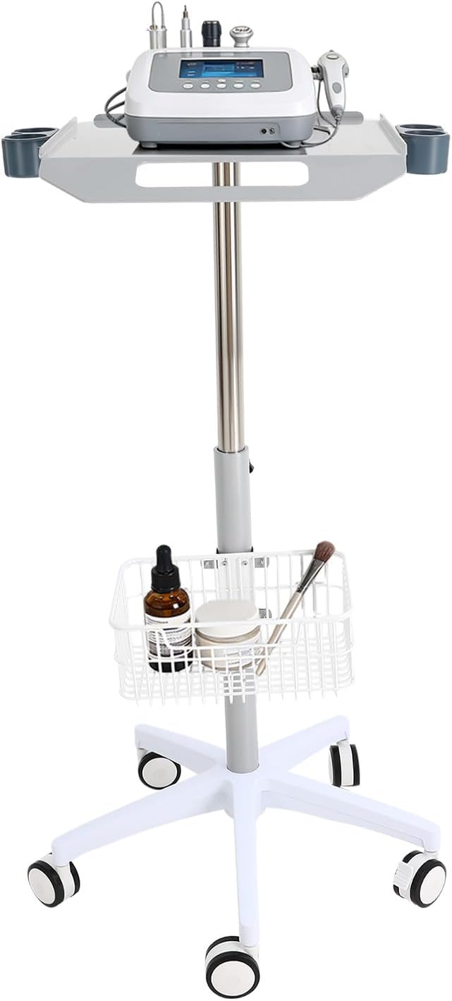 Medical Mobile Trolley Cart with Wheels, Height Adjustable Metal Dental Cart with 19.3"×16.9" Large Tabletop & Storage Basket, Rolling Desktop Lab Cart for Laptop Hospitals Scanner Ultrasound EKG