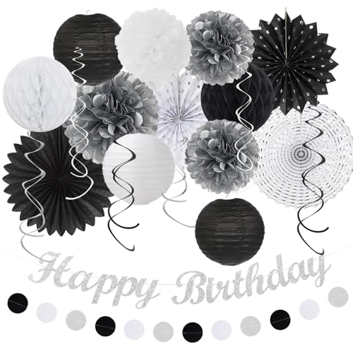Image of Black White Silver Birthday Party-decorations - 21pcs Boys Men Happy Banner,Paper Streamers Lanterns Honeycomb,Tissue Pom Poms Fan,Adult Supplies Decor 16th 20th 40th 45th 50th 60th Huglony