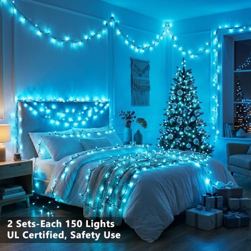Image of BrizLabs Teal Christmas Lights Outdoor 300 Count 69.6ft Incandescent Christmas Lights Connectable Clear Light String UL Certified Xmas Mini Light Set Green Wire for Indoor Outdoor Tree Holiday Party
