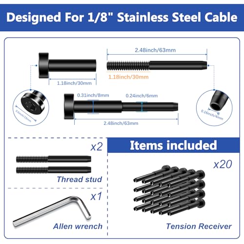 Image of 20Pack Swage 1 /10 inch 1 /8 inch Invisible Cable Railing Kit Tensioner Terminal Hidden - PVD Coating Long-Lasting Finish, T316 Stainless Steel Cable Railing Hardware for 2 inch x 2 inch Metal Wood Post, Black