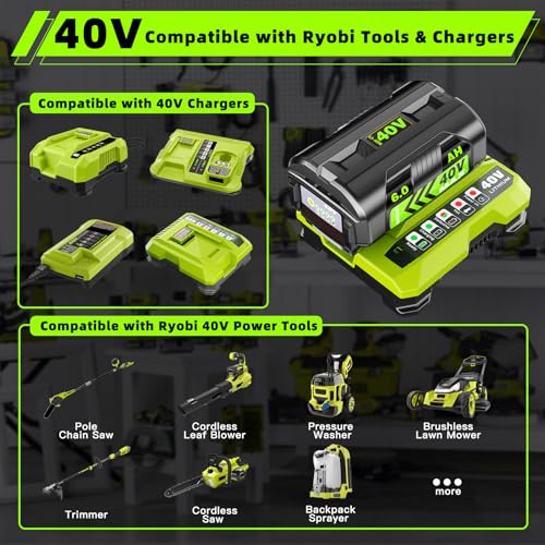 zxfcfo 6.0Ah Battery Replace for Ryobi 40V Battery Compatible with Ryobi 40 Volt OP4026A OP4015 OP4040 OP40201 OP4050A OP40261 OP4030 OP4060 Power Tools (2Pack) (1PACK+Charger) by zxfcfo - Image 4