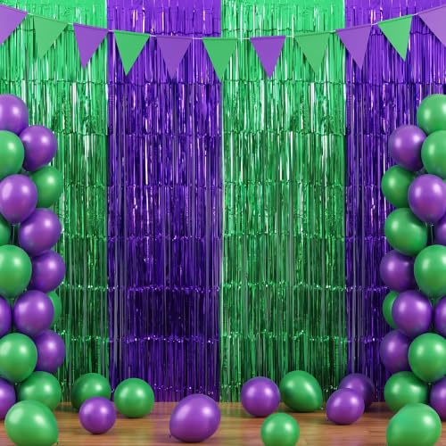Image of TONIFUL 2Pcs Green and Purple Metallic Tinsel Foil Fringe Curtain Streamer | 3.3ftx6.6ft Photo Booth Backdrop Door Streamer for Birthday Graduation Baby Shower Cartoon Turtle Themed Party Decorations