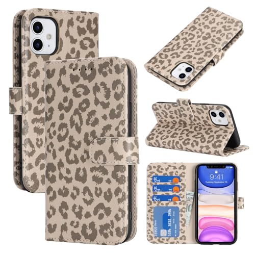 Image of for iPhone 12 Case Wallet with Card Holder,for iPhone 12 Pro Wallet Case for Women Men,PU Leather Shockproof Magnetic Buckle Stand Flip Phone Case-Beige Leopard