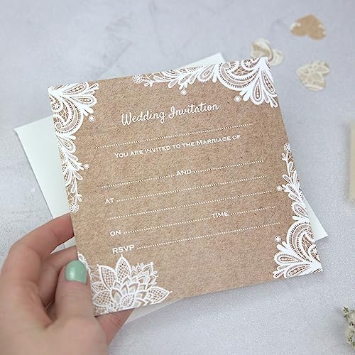 Dotty about Paper Premium Wedding Postcard Invitations - Rustic Lace Pattern - Pack of 10 with Ivory Envelopes. Vintage Charm Woodland. Perfect for Friends and Family. (L48)