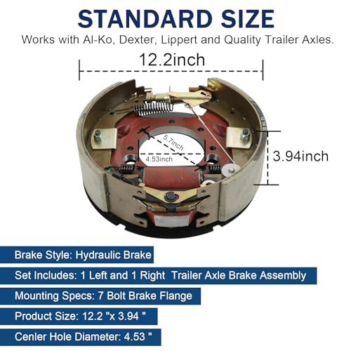 RALZAOTO 12-1/4" X 3-3/8" (12.25" X 3.375") Hydraulic Trailer Brake Assembly Pair for 9,000/10,000 Lbs (9K/10K) Trailer Axles Left & Right 7-Bolt Replace for Dexter K23-410-00 K23-411-00 by RALZAOTO - Image 3