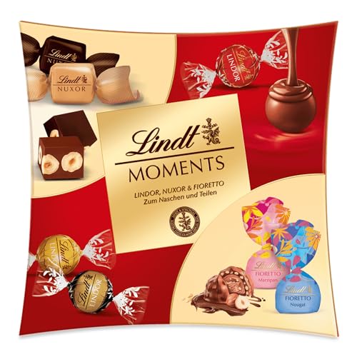 Lindt Schokolade | Lindt Moments Box | 223g | Raffinierte Mischung aus feinsten LINDOR Kugeln, nussigen NUXOR Würfeln und knusprigen FIORETTO | Schokoladen-Geschenk