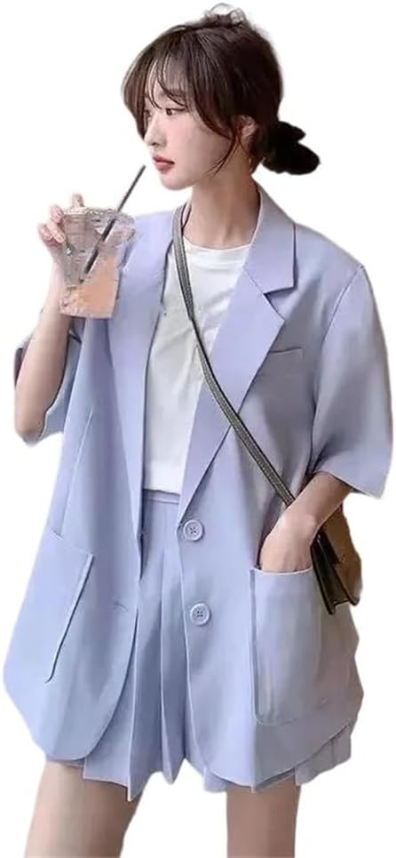 Women Solid Short Sleeve Blazer Set, Fashion Blazers Slim Shorts Elegant Daily Two-Piece Outfits