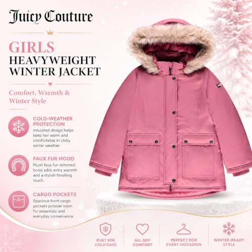 Image of Juicy Couture Girls Heavyweight Winter Jacket with Faux Fur Hood and Cargo Pockets