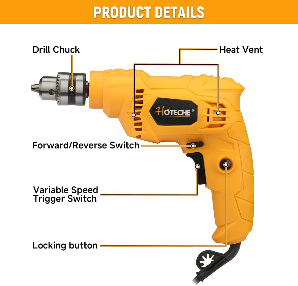 Hoteche 500W 3/8" Corded Electric Drill, 0-4500rpm Variable Speed, 10MM Metal Chuck, 10mm Metal/15mm Wood Drilling Capacity