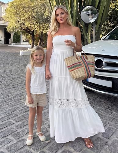 Image of ZESICA Women's 2026 Summer Boho Maxi Dresses Strapless Off Shoulder Lace Flowy A Line Beach Vacation Long Sundress