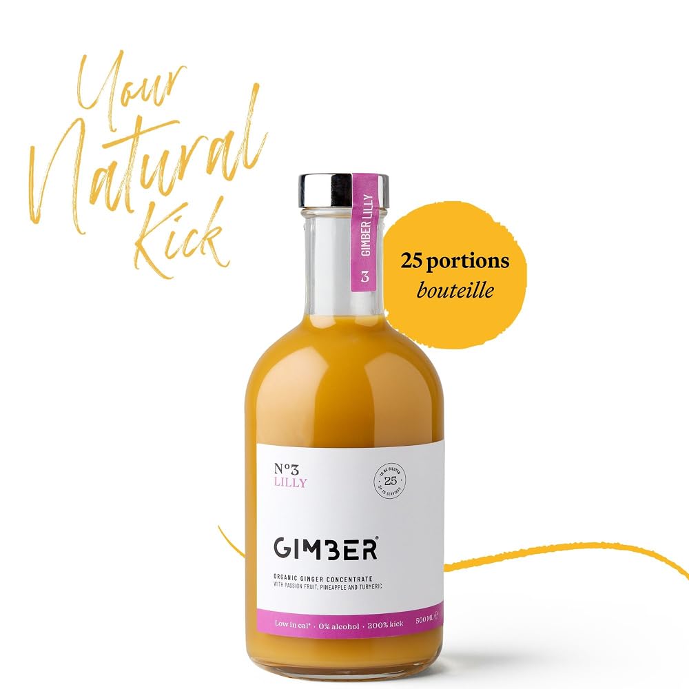 Concentré de gingembre Gimber au fruit de la passion, 100% naturel et vegan | N°3 500 ml Lilly | Concentré de gingembre bio, boisson au gingembre vegan avec fruit de la passion, ananas et curcuma