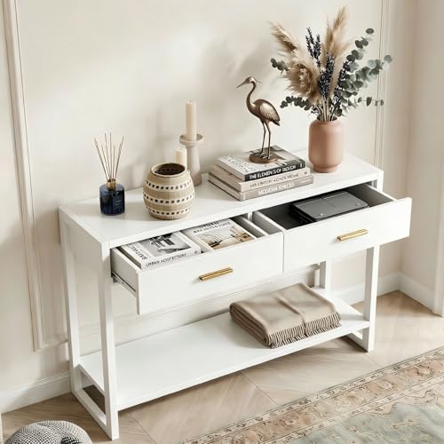 Image of Slim Entryway Console Table with Foot-Sensor Light - 2 Deep Drawers & Open Center Shelf, Reinforced Legs & Comfortable Metal Handles, Multi-Scene Use for Hallway /Living Room /Small Apartment