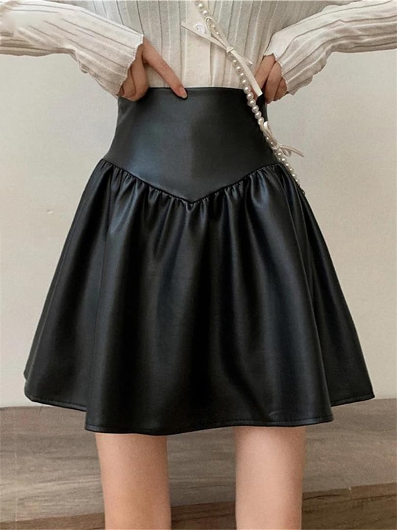 Minifalda plisada de piel sintética para mujer, cintura alta, estilo preppy, falda corta acampanada, moda coreana