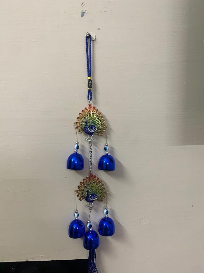SUBHARTI Double Mor 5 Bell Golden Hanging Decor | Peacock Evil Eye Wall Hanging Ornament | Blue Metallic Decorative Wind Chime for Home Living Room Office | Positive Energy Gift Item | 1Pcs-image-40