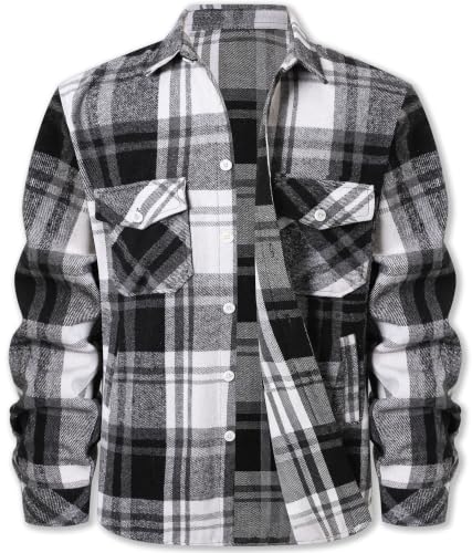 Image of Cromoncent Mens Boys Thick Flannel Shirt Long Sleeve Shirt Jacket Casual Button Down Multi Pockets Shacket