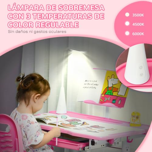Miniatura 8 de Homcom Juego De Escritorio Y Silla Para Niños De 6 Años Pupitre Infantil Con Altura Ajustable Mesa Inclinable Cajón Lámpara Led Y Portalápices 80x49,5x82-104 Cm Y 35,5x43,5x63-73 Cm Rosa