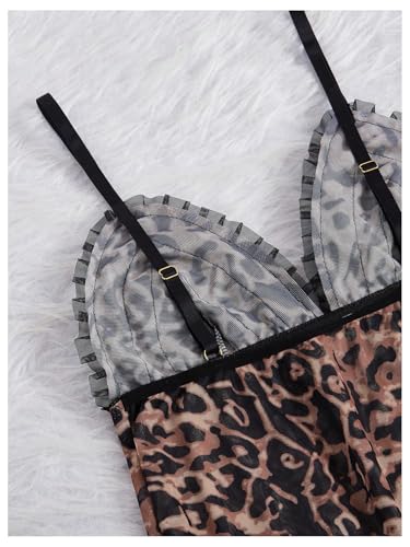 Women's 2 Piece Sexy Mesh Sheer Pajama Set Leopard Print Ruffle Trim Cami Top and Pants Sleepwear Cheetah Print Pjs3