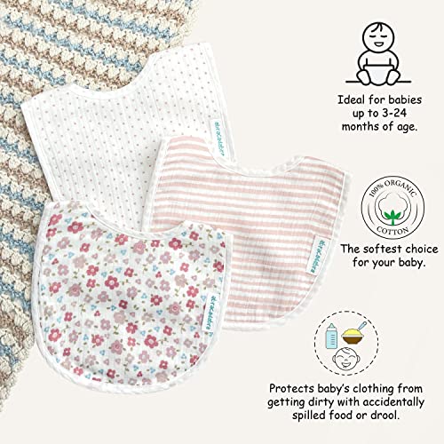 Image of abracadabra Muslin Bibs with Adjustable Snap Button Closure, Super Absorbent, Soft, Comfortable & Lightweight, Set of 3 - Vintage Floral