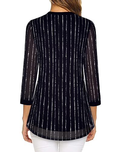 Timeson Women's 3/4 Sleeve Blouses Casual V Neck Dress Shirts Double Layers Mesh Tunics Tops Black White S