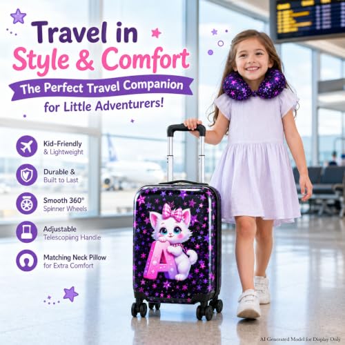 Image of CCJPX 5Pcs Kids Suitcase for Girls, 16 inch Travel Luggage Set with Spinner Wheels, Cat Hardside Carry on Toddler Rolling Suitcase Airline Approved (Black)