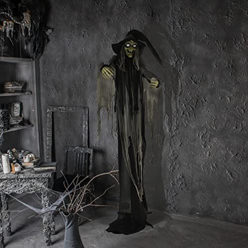 Haunted Hill Farm 9.5-Ft. Animatronic Witch, Indoor or Covered Outdoor Halloween Decoration, Prop With Light-up White Eyes, Poseable and Battery Operated Fright Prop for Home