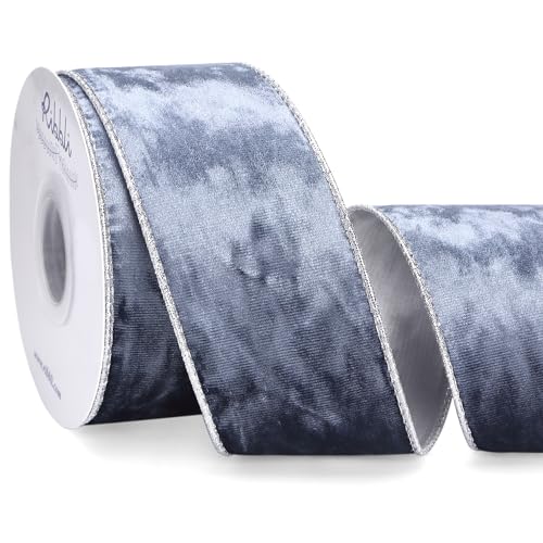 Image of Ribbli Dusty Blue Velvet Wired Ribbon 2.5 Inch Metallic Dusty Blue Crushed Velvet Christmas Ribbon for Gift Wrapping Christmas Tree Decoration Crafts Wreaths Supplies-Continuous 10 Yards