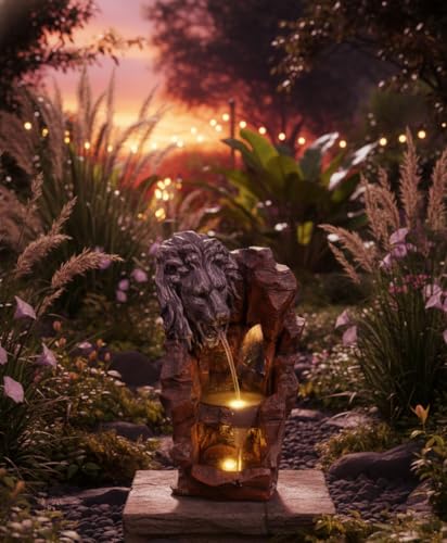 Image of 3.5 Feet Lion Face Water Fountain Stone Colour with Dark Brown Finish | Indoor Tabletop Fountain with LED Light