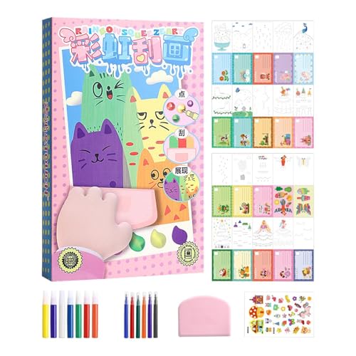 Kit de pintura para rayar, pintura para rayar para niños | Conjunto de postales de dibujo para rascar,Rainbow Dot Scratch Painting para niños mayores de 6 años, Squeegee Art Kids Painting Notebooks