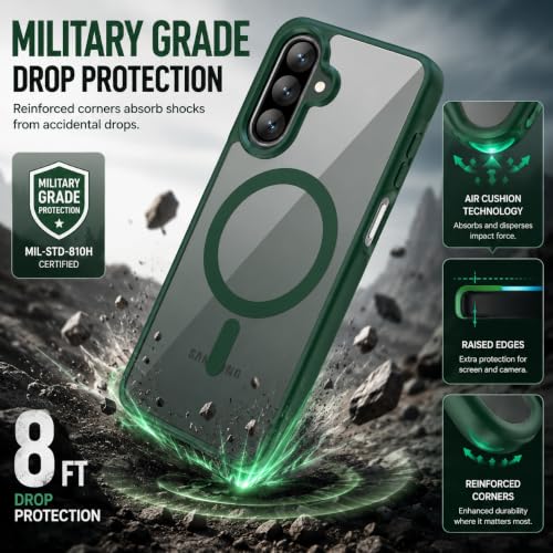 Image of DIZORO Compatible Samsung Galaxy A37 5g Case,Compatible with MagSafe, Non Yellow Military-Grade Drop Protection & Hard PC Back Cover Slim Transparent Anti-Scratch Shockproof Phone Case - Green