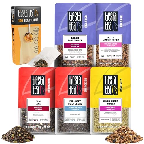 Image of Tiesta Tea Fall Favorites Variety Pack - 5 Loose Leaf Fall Blends Set, High to Non-Caffeinated, Assorted Brew Samples with Ginger, Black, and Herbal Teas, Hot or Iced, with 100 Disposable Filters