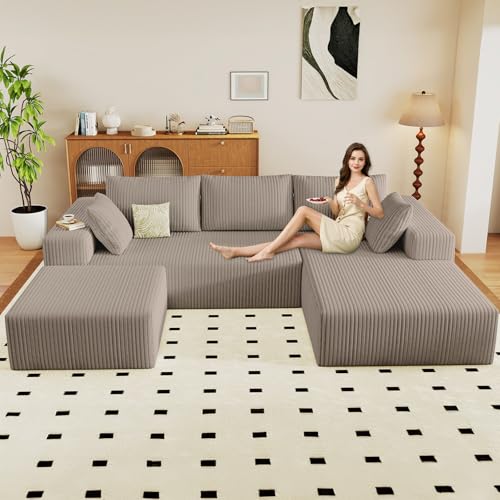 Image of 96 inch U-Shape Cloud Couch, Modern Modular Sectional L-Shape Sofa with Ottoman, Corduroy Upholstered Couches Deep Seat Chaise Longue for Living Room, No Assembly Required(Camel, Right Facing)
