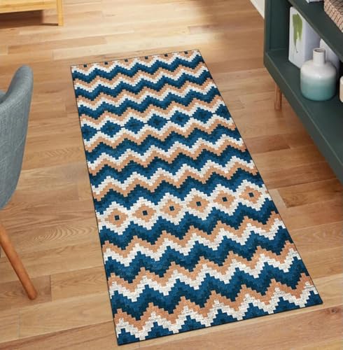 QQrunner Alfombra de pasillo por metros, 50 x 80 cm, alfombra de cocina, larga lavable, gris, azul, marrón, patchwork, antideslizante, pasillo, poliéster, salón, alfombra atrapa la suciedad