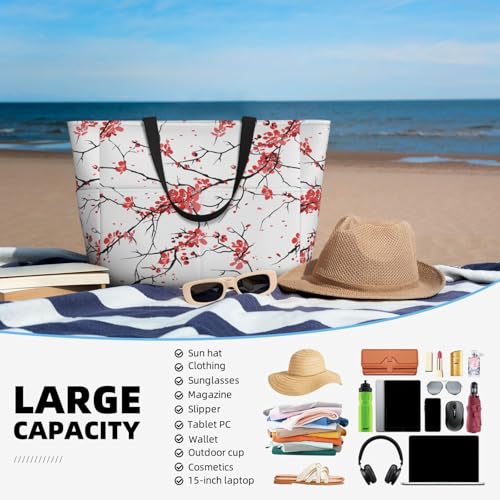 Large Capacity Beach Bag Waterproof Pool Tote for Gym Swimming Camping Carry On Bag delicate cherry blossoms Print2